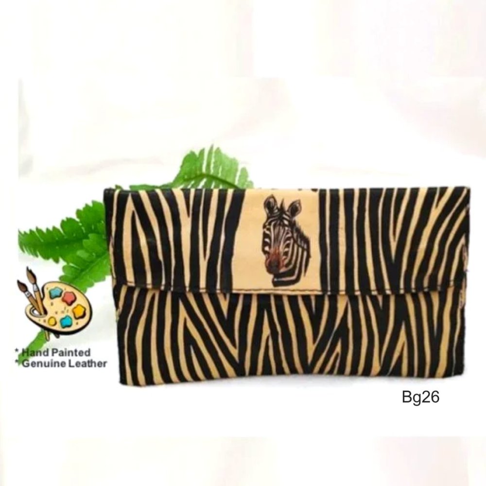 HAND PAINTED Zebra Animal Print Wallet Genuine Leather Tan Brown Black Bills Zip